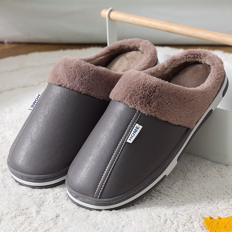 Men's Slippers Home Winter Plush Waterproof Leather Warm Shoes Thick Bottom House Slipper Man Indoor Cotton Slippers Women Shoes: A-4 / 44-45