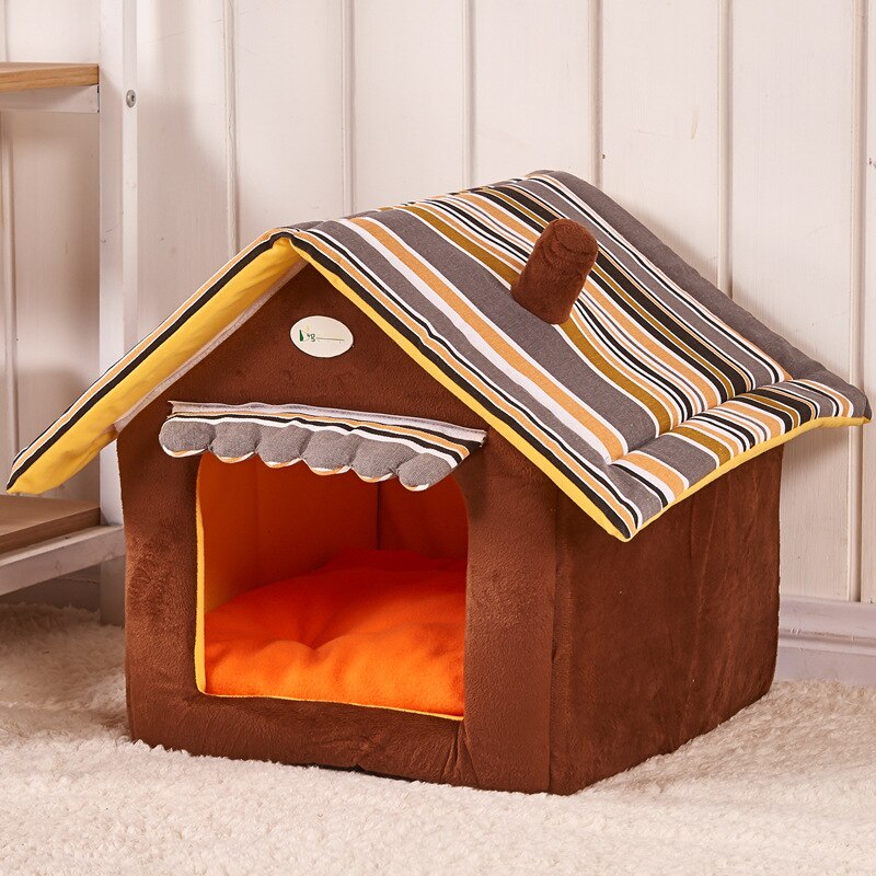 Verkoop Hond Huisdier Huiskat Bed Voor Honden Mat Banken Kennel Bedden Katten Kleine Medium Honden Outdoor Afneembare Strepen cover Producten: brown / L40xW38xH40cm