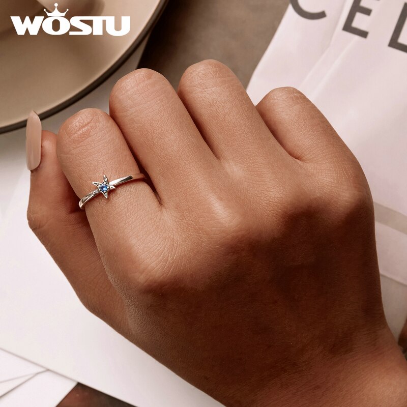 WOSTU 925 Sterling Splitter Ozean Seestern Einstellbare Ringe Dunkelblau Zirkon Finger Offenen Ring Für Weibliche Original Schmuck CQR818