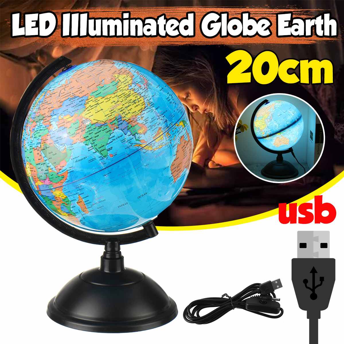 20CM LED Light World Earth Globe Map Geography Educational Toy With Stand Home Office Decor Miniatures School Supplies