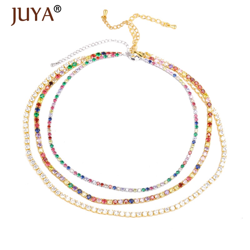 Juya moda arco-íris cor colares delicado zircônia cúbica gargantilha para mulheres meninas jóias boêmio tênis corrente para os amantes presente