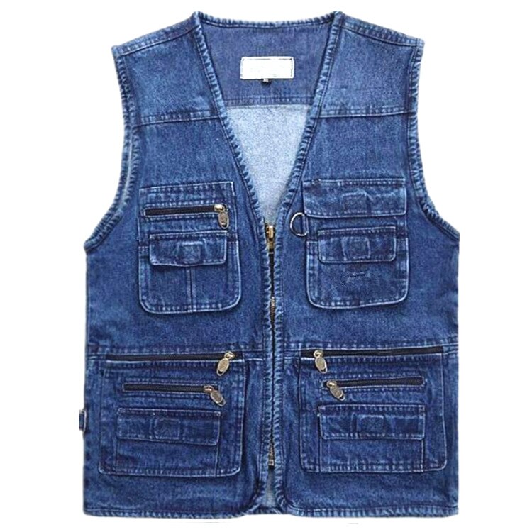 Stor størrelse fiskeveste v-hals multi denim arbejdsvest herre solid afslappet vest med mange lommer fiskevest ærmeløs jakke: 5xl
