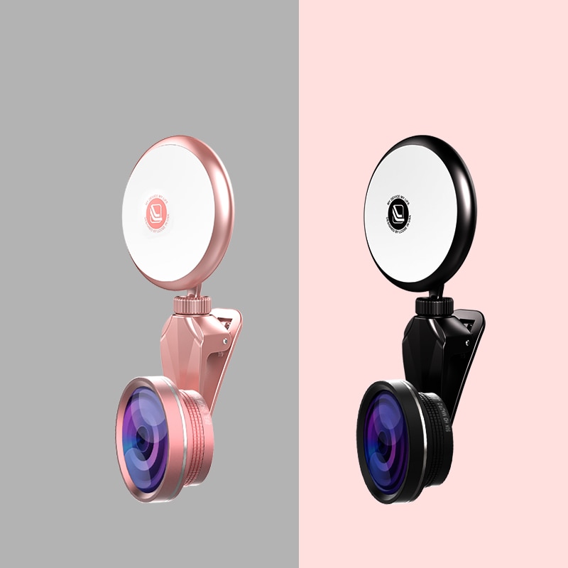 RK19S LED Selfie Flash Licht Vullen Licht Warm &amp; Koud Lampen Met Brede Hoeken Fisheye Marcro Lens 360 Rotatie Voor iPhone Huawei Vivo