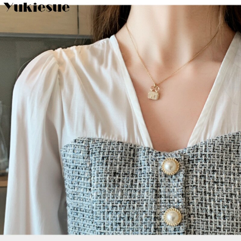 Tøj solid hvid langærmet skjorte kontor dame toppe koreansk stil kvinder splejset chiffon bluse v-hals feminina skjorte