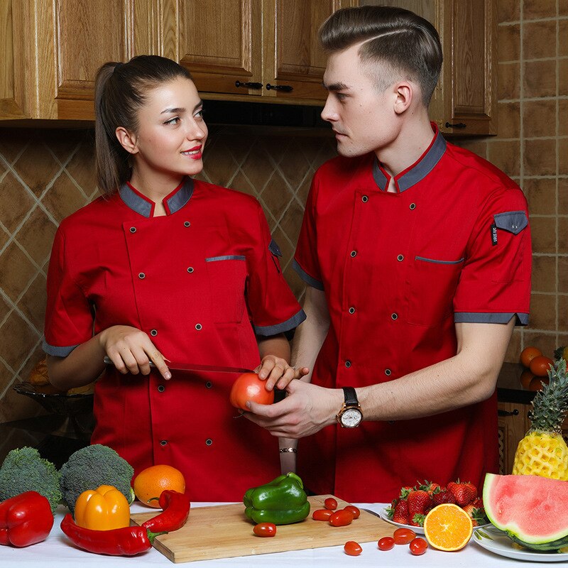 Short Sleeve Chef Uniform Women Bakery Mens Cook Clothing Restaurant Kitchen Jacket Hotel Waiter Costume Cafe Work Clothes