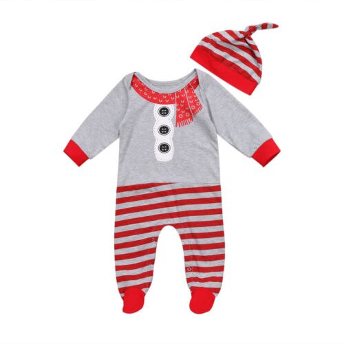 Herfst 2 stks Baby Jongen Meisje Kerst Santa Streep Lange Mouwen Footies Jumpsuit En Hoed Casual Outfit Kleding set