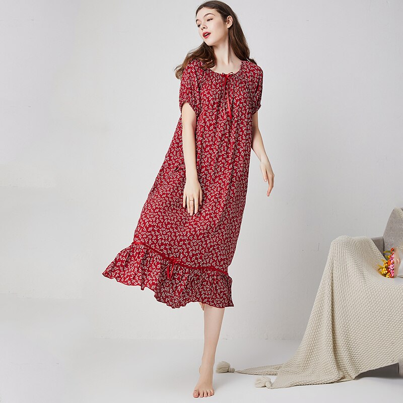 Lente Viscose Nachthemden Vrouwen Korte Mouw Bloemen Nachthemd Sleepshirt Ademende Zomer Thuis Jurk Gown Sleepdress Homewear