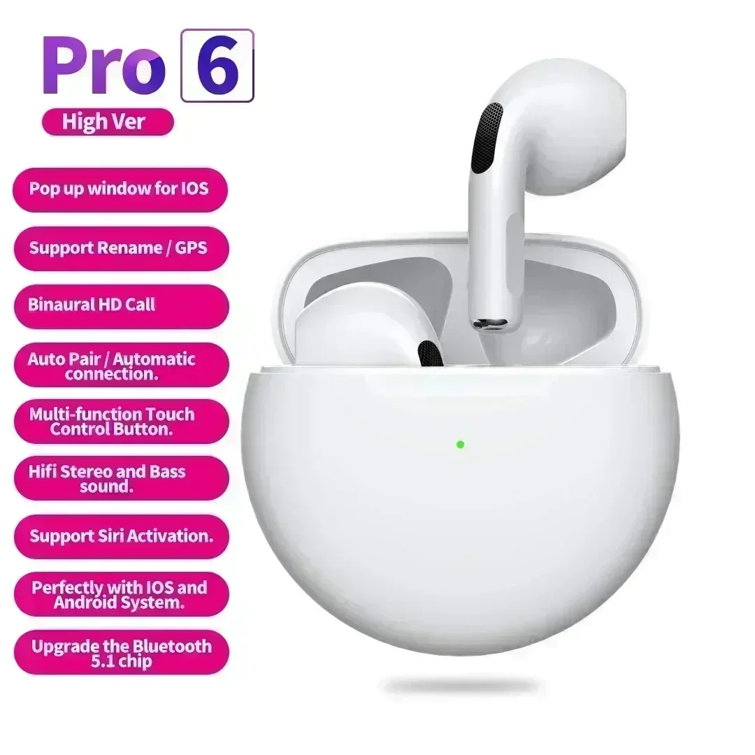 Air Pro 6 TWS Drahtlose Kopfhörer mit Mikrofon Fone Bluetooth Kopfhörer Sport Lauf Headset für Apple iPhone Xiaomi Pro6 Ohrhörer: WHITE