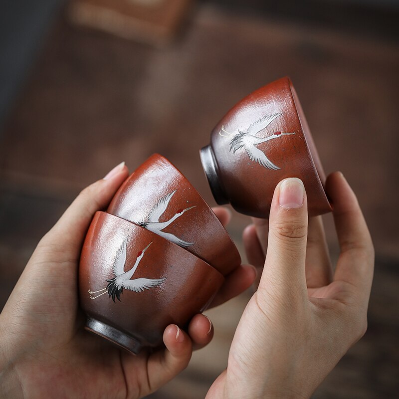 Chanshova kinesisk retro håndlaget på glasert porselen tekopp 100ml rødkronede krane mønster kina keramiske tekopper  h117