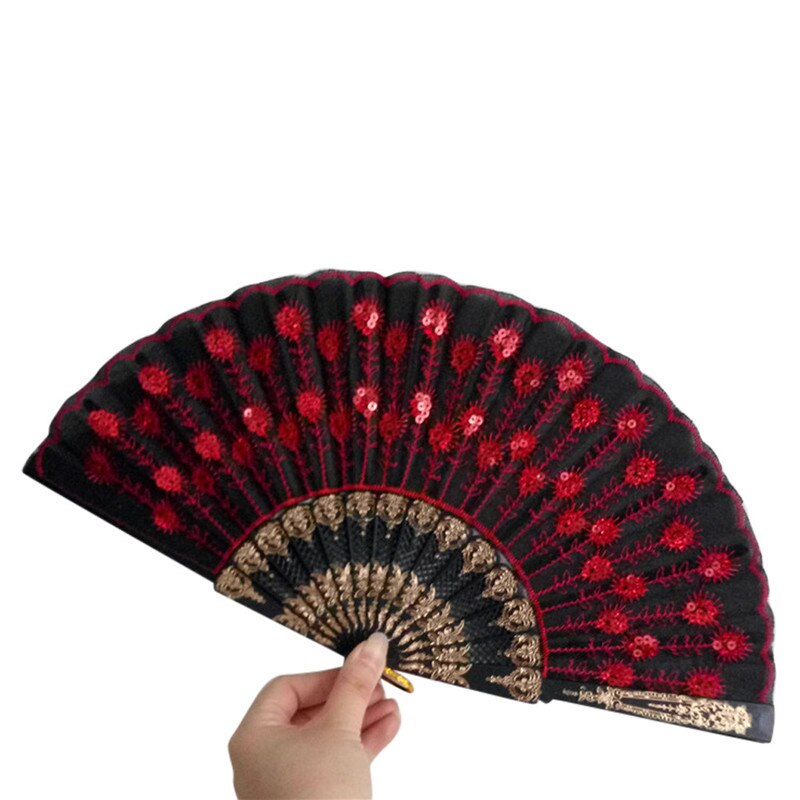 Craft Fans Spanish Lace Silk Folding Hand Held Dance Fan Flower Pattern for Party Wedding Home Practical #0509: G