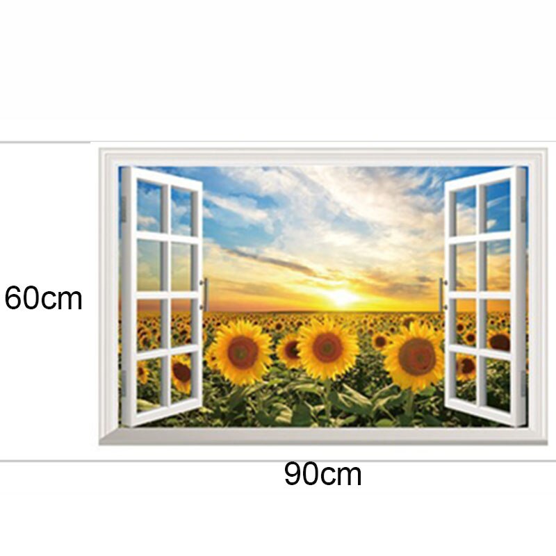 90x60cm 3D Sonnenblume Fenster Zauberstab Aufkleber Sonne Blumen Landschaft Heimat Dekor Wohnzimmer Kunst Decals entfernbar Tapete dekoration: PC0996-2