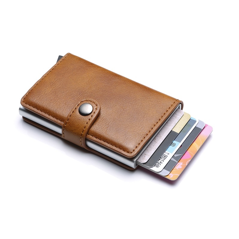 Hasp Men Credit Card Holder RFID Blocking PU Leather Automatic Business ID Card Holder Aluminum Metal Wallet Purse for Cards
