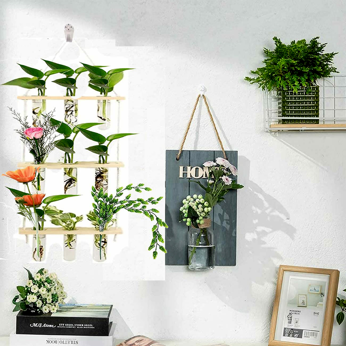 Ins – jardinière murale en verre, Terrarium, Vase avec support de Tube à essai en bois pour la Propagation de plantes hydroponiques