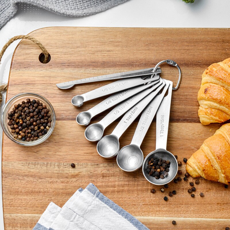 7PCS Measuring Spoon Set Kitchen Utensils Cooking And Baking Tools Stainless Steel Measuring Spoon With Scale Silver AJOYOUS