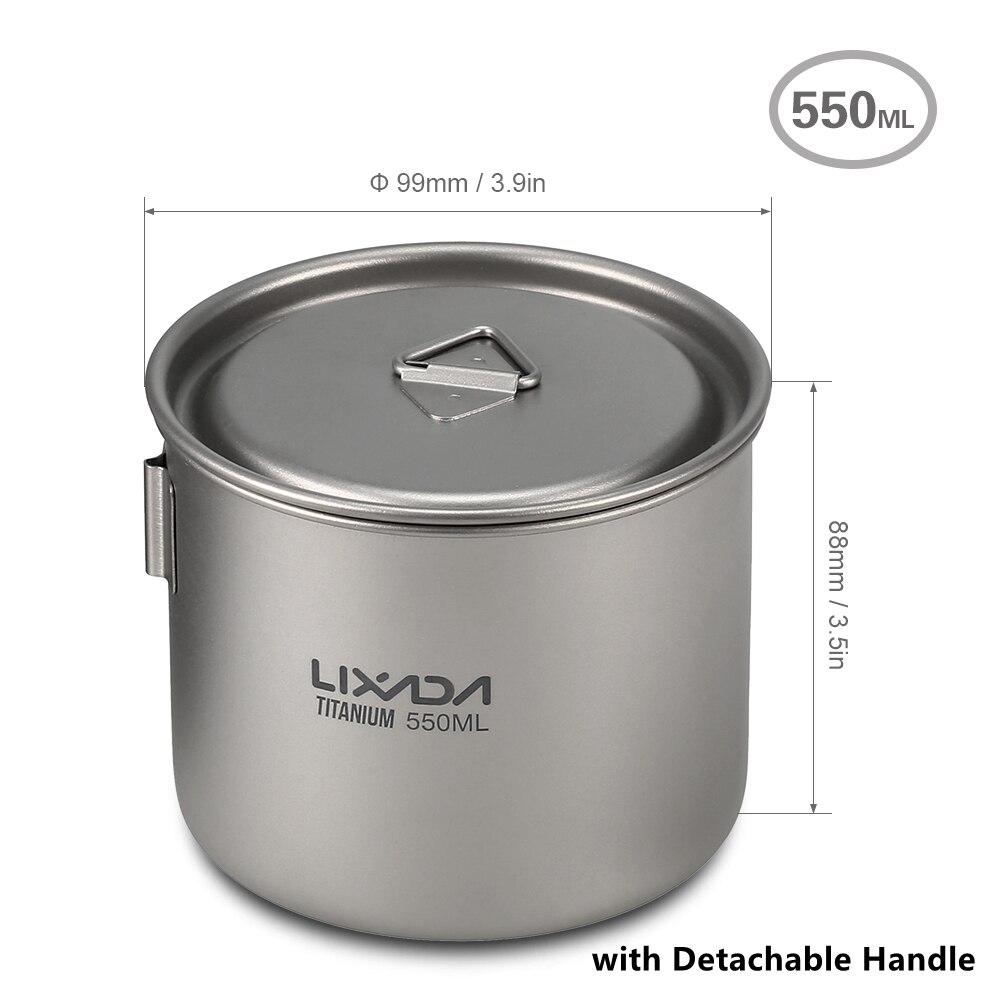 Lixada Titanium Cup Camping Verwarming Mok Servies Lichtgewicht Outdoor Survival Koken Apparatuur Wandelen Kookgerei Picknick Gebruiksvoorwerpen: 550ml Detachable