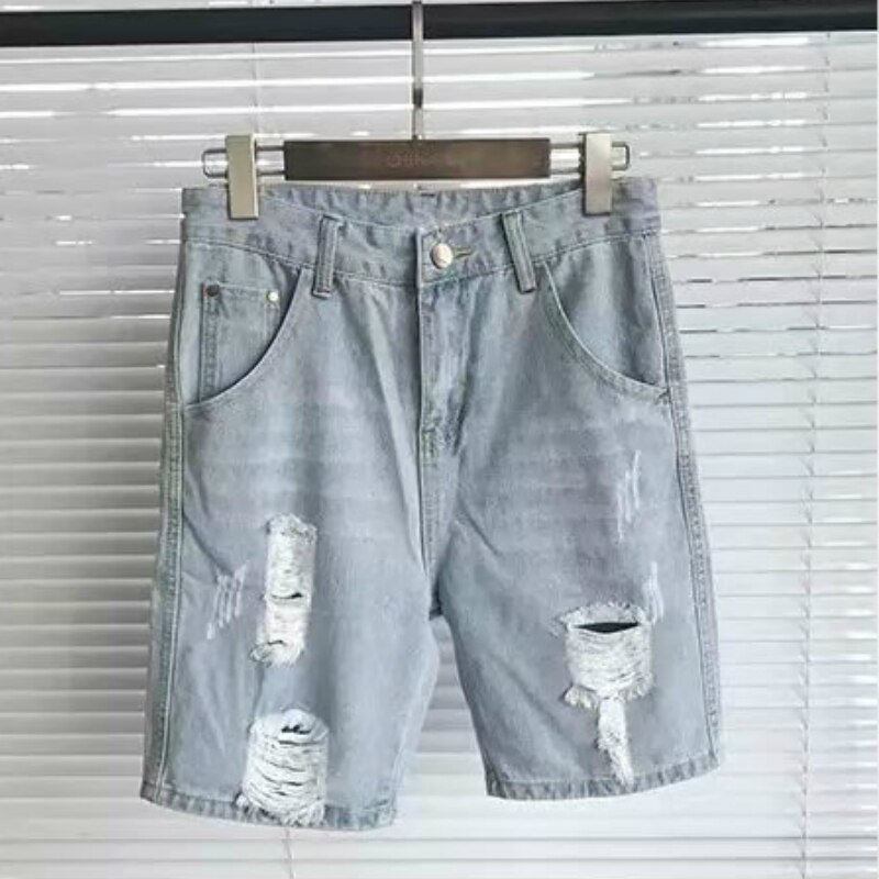 Jeans heren blauwe denim gaten gescheurd grote maat knielengte zomer koreaanse vintage chic vrijetijdskleding heren broek tieners ins ulzzang