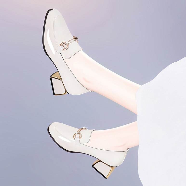 Høst kvinner kjole sko høye hæler lakk båt sko metall firkantede hæler pumps svart kontor sko dame 8628n