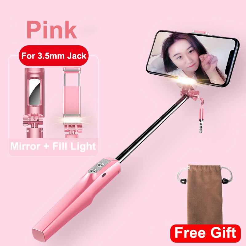 Baseus Wired Selfie Stick Voor Iphone Met Beauty-Huid Vullen Licht Achteruitkijkspiegel Uitschuifbare Zelf Stok 3.5 Mm Jack voor Samsung Huawei: Pink For 3.5mm Jack