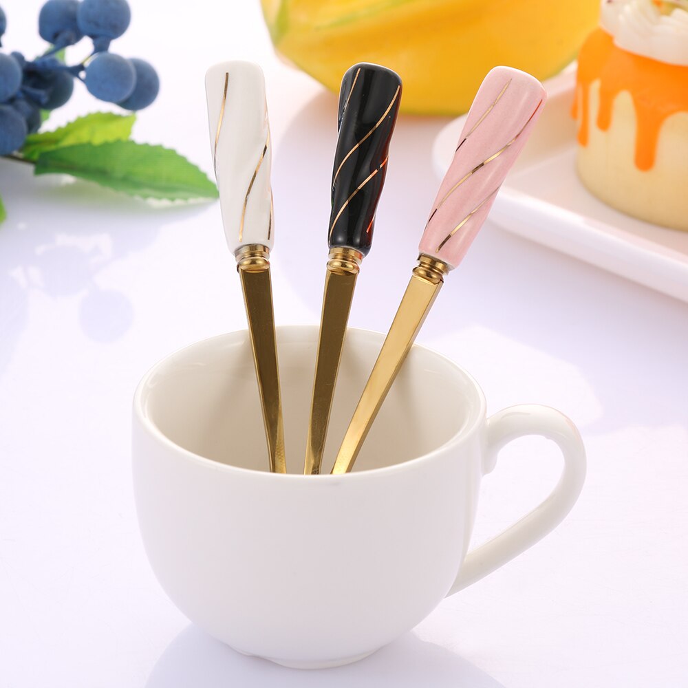 1PC Cherry Blossom Rose Flower Ceramic Handle Spoon Gold Silk Sweet Spoons Gold-plated Coffee Stirring Spoon Tableware