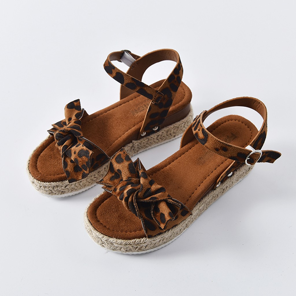 SAGACE Leopard Wedges Sandals For Women High Heel Platform Wedge Sandal Womens Leopard Sandals Flat Bowknot Sandalias Femenina