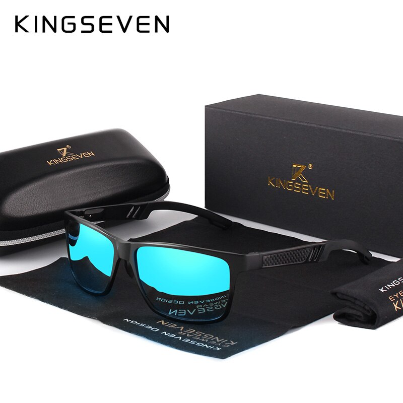 Kingseven mænd polariserede solbriller aluminium magnesium solbriller kørebriller rektangel nuancer til mænd oculos masculino mand: Sortblå