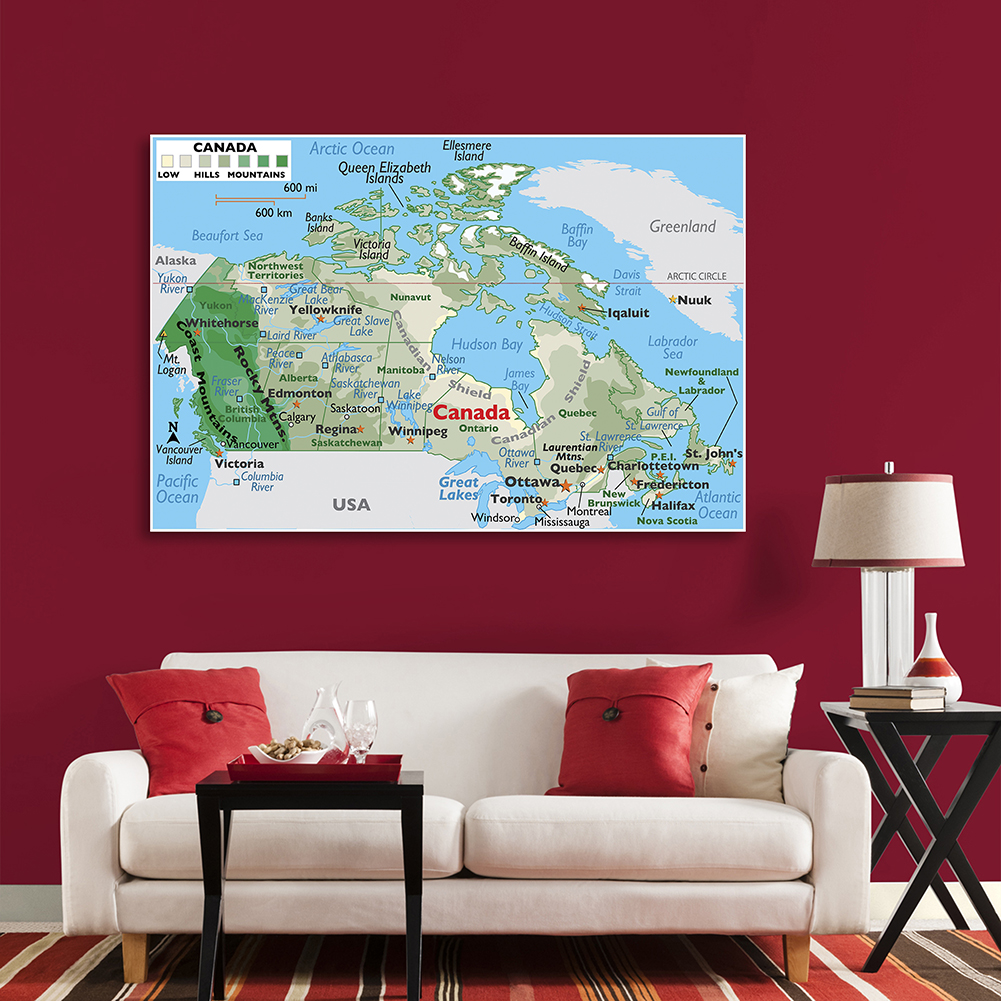 150*100cm The Canada Terrain Map Wall Art Poster Non-woven Canvas Painting Classroom Home Decoration School Supplies