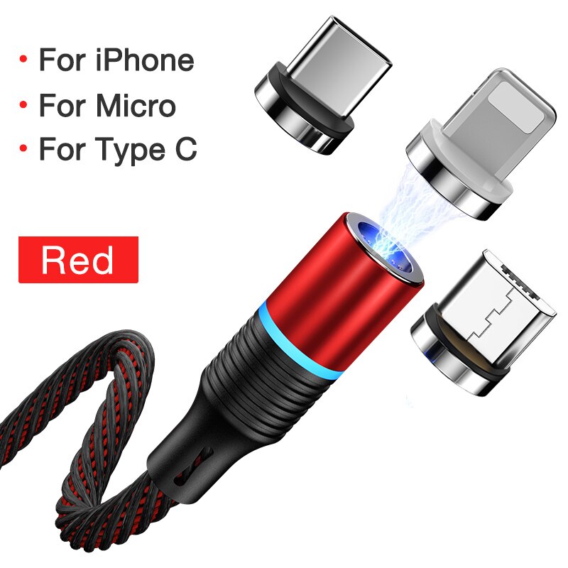 GYSO Rotate Magnetic Cable 360 Degree USB Type C Charging Cable Fast Charging Magnet Charger 360 Rotate Micro Magnetic Cable: Red 3 in 1 / 2m