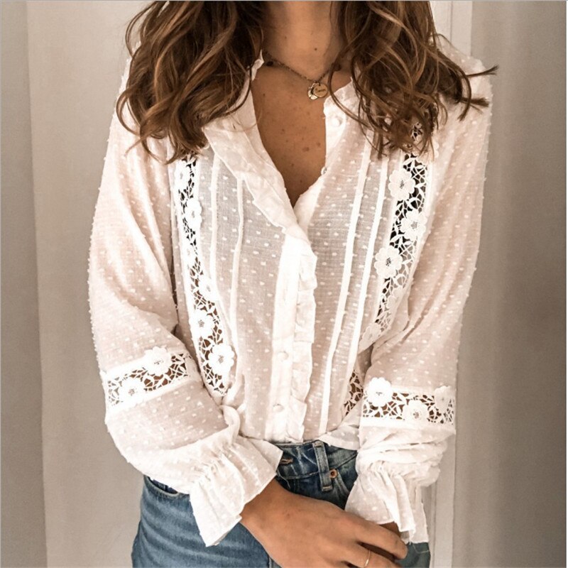 Vrouwen Elegante Witte Blouse Vintage Hollow Out Vrouw Office Dames Tops Herfst Fall Casual Kant Lange Mouw Blouse Shirts