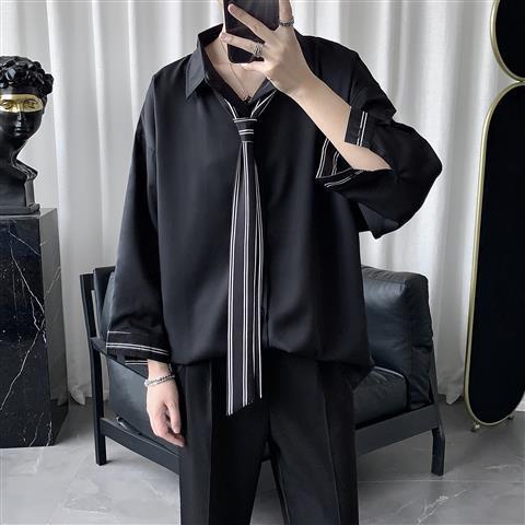 Hommes chemises hommes hauts Patchwork avec cravate Simple loisirs tout-match trois quarts manches Chic coréen mince respirant Chothes en vrac: black / XXXL