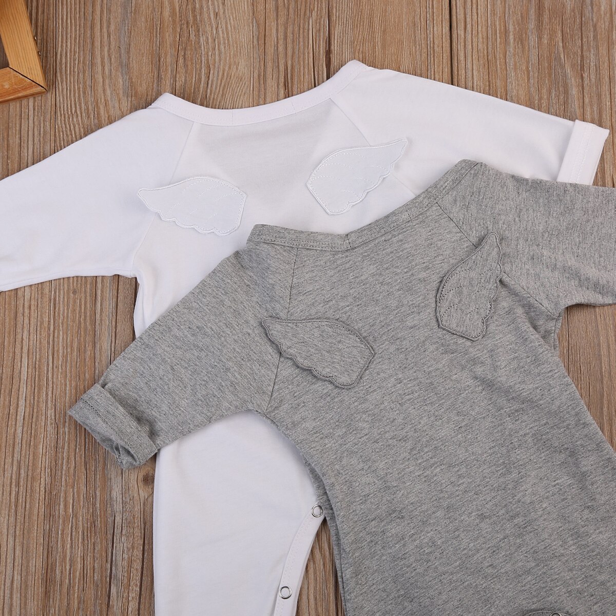 Newborn Infant Baby Girl Cotton Solid White Gray Romper Jumpsuit Long Sleeves Wings Clothes Cute Autumn Outfit SS