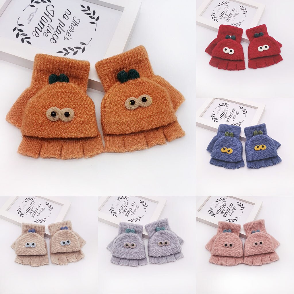 Children Kids Boys Girls Winter Cartoon Cat Patchwork Color Warm Knitted Gloves Kids Boy Girl Convenient Half-finger Gloves