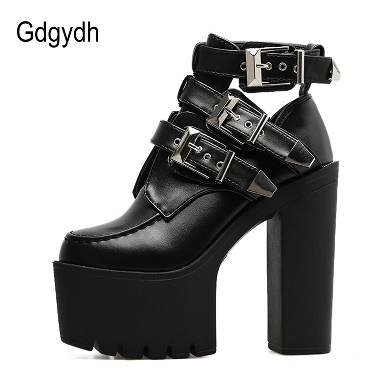 Gdgydh moda botas femininas fivela de couro macio primavera outono preto senhoras tornozelo botas de salto alto sapatos plataforma saltos grossos