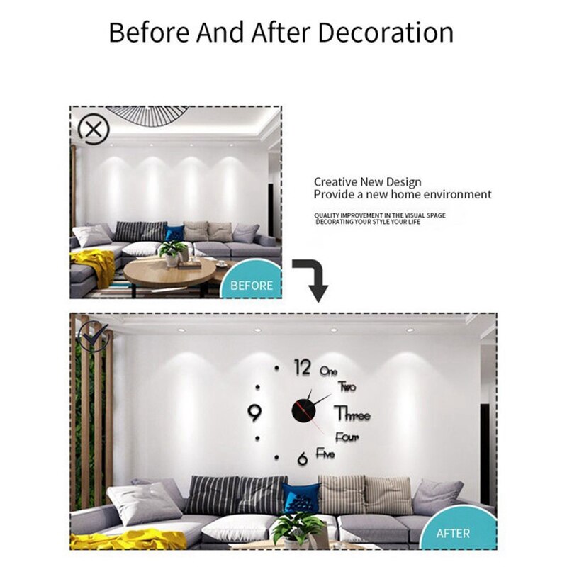 Large Modern 3D Wall Clock Kit,Silent Non Ticking DIY Frameless Mirror Quartz Clocks for Living Room Bedroom Decor