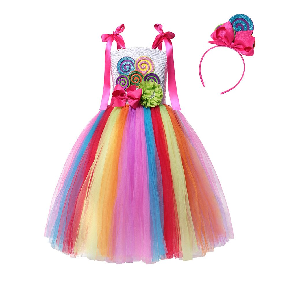 Sweet Candy Girl Clothes Summer Kids Carnival Frock Little Girl Birthday Fancy Rainbow Tutu Dress with Hairband Child Party Gown: Candy Dress A / S(4T)