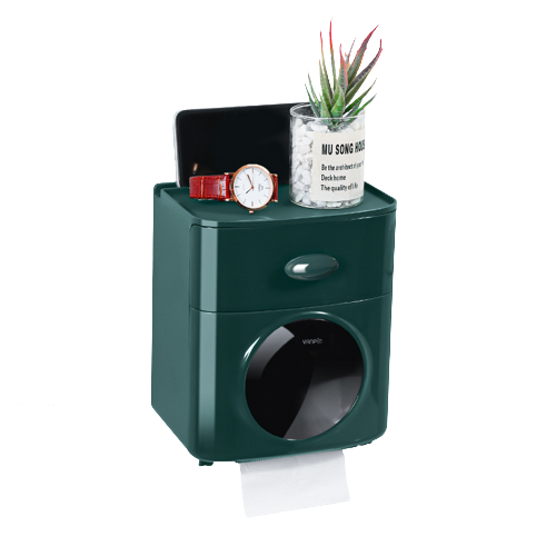 Double Layer Tissue Box Wall Mounted Toilet Paper Holder Waterproof Storage Box Mobile Phone Storage Table Bathroom Supplies: Green B
