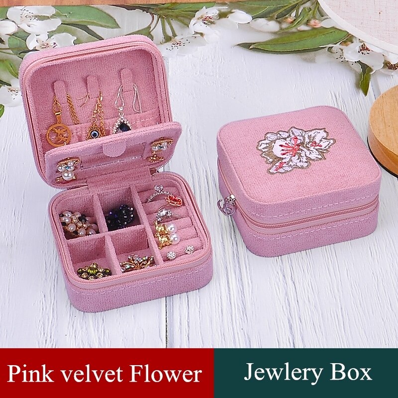 2022 Leather Portable Jewelry Box Double Simple Earrings Ring Jewelry Casket Can Hold 68 Earrings: Pink velvet flower