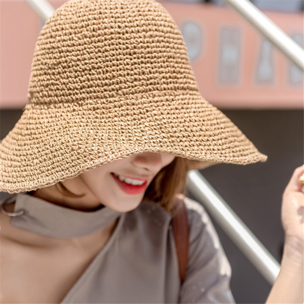 Verano gorros de Otoño de las mujeres planos Retro caídos tapa del borde hecho a mano sombrero de paja para dama al aire libre sol protección de playa sombrero de paja