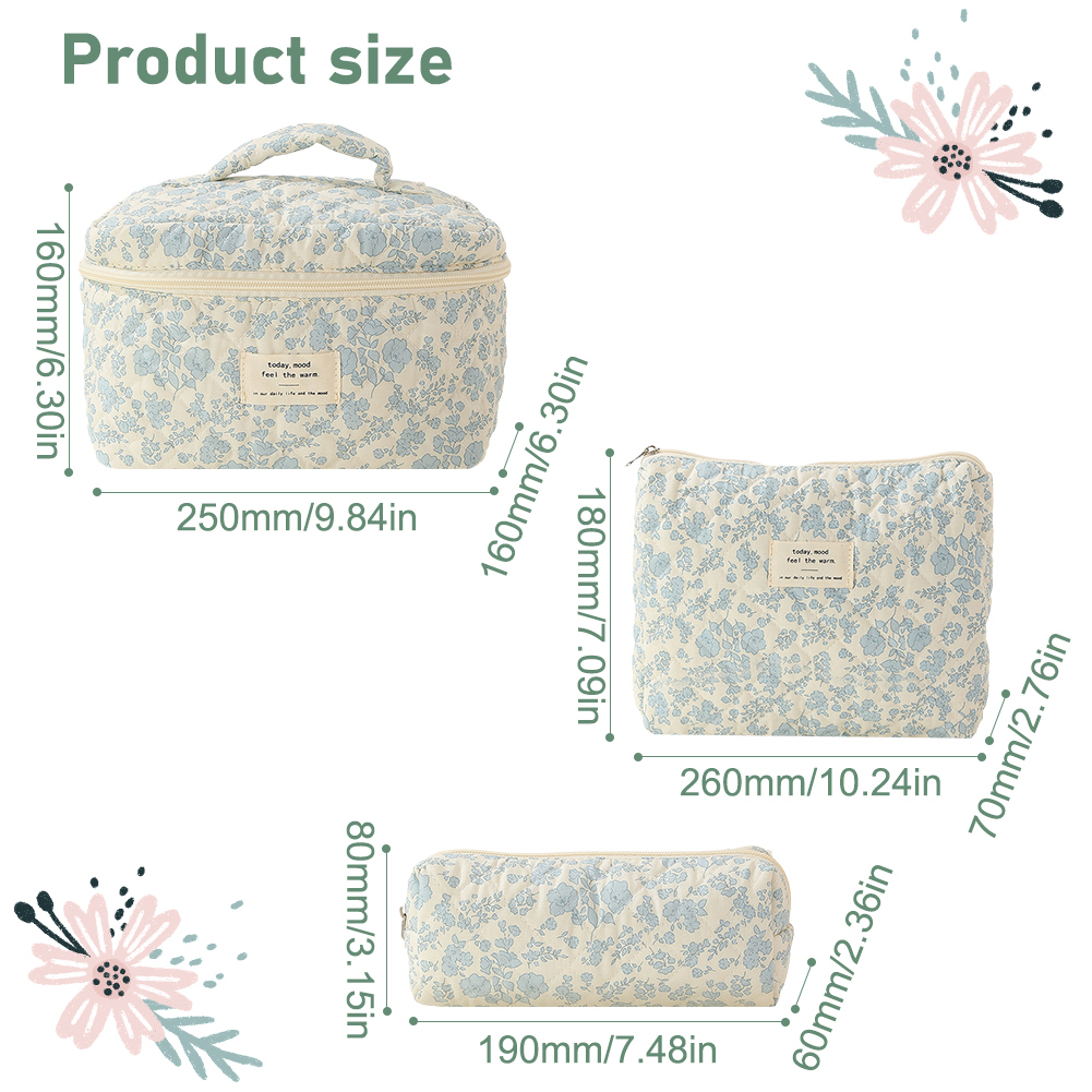 3pcs/set Ladies Quilted Cotton Storage Bag Aesthetic Printed Makeup Bag Women's Large Capacity Toiletry Organizer Cosmetic Pouch: Beige