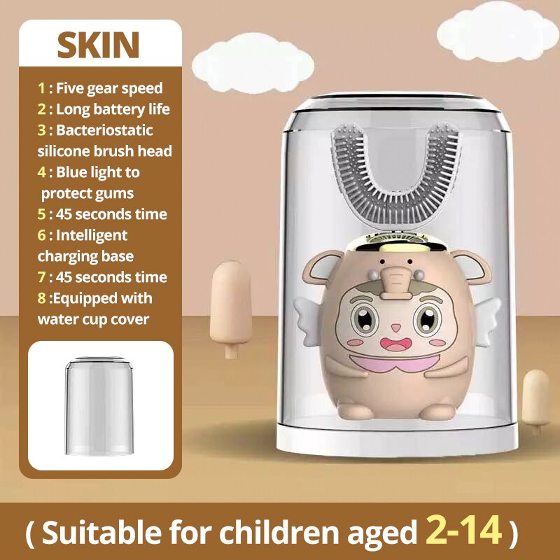 Kids Elektrische Tandenborstel Kinderen Automatische Oplaadbare 360 Graden Tandenborstel Ultrasone Zachte Siliconen Met Beschermhoes: Skin