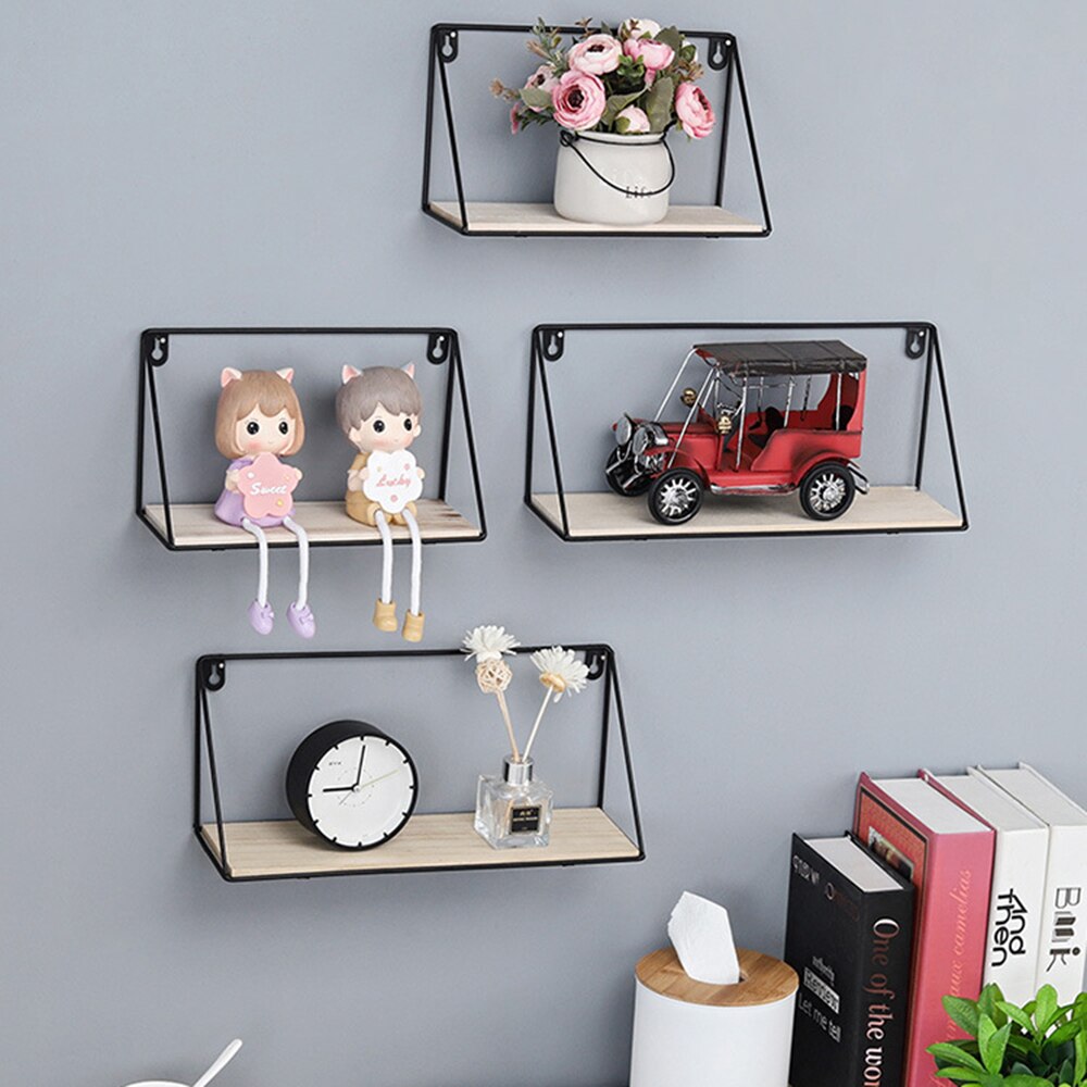 Grid Wall Mounted Hanging Home Bedroom Display Hook Flower stand Shelf Hexagonal 3 layers Iron Rack Organizer Art