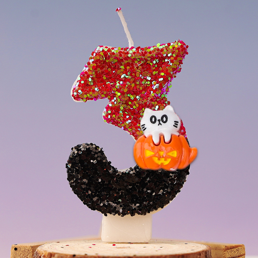 Velas de cumpleaños para niños, 1 piezas, bonito gato, calabaza, número 0-9, Festival de Halloween, vela de lentejuelas, Decoración de Pastel de 1 año: cameo