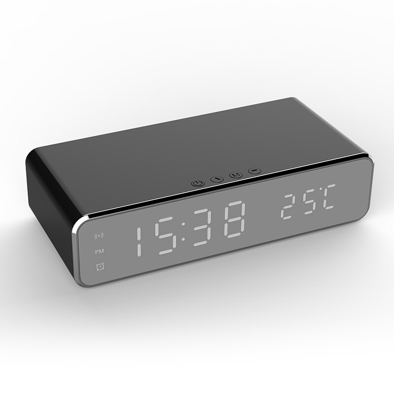Elektrische Led Wekker Met Mobiele Telefoon Draadloze Oplader Hd Klok Spiegel Met Tijd Geheugen Digitale Thermometer Klok: black