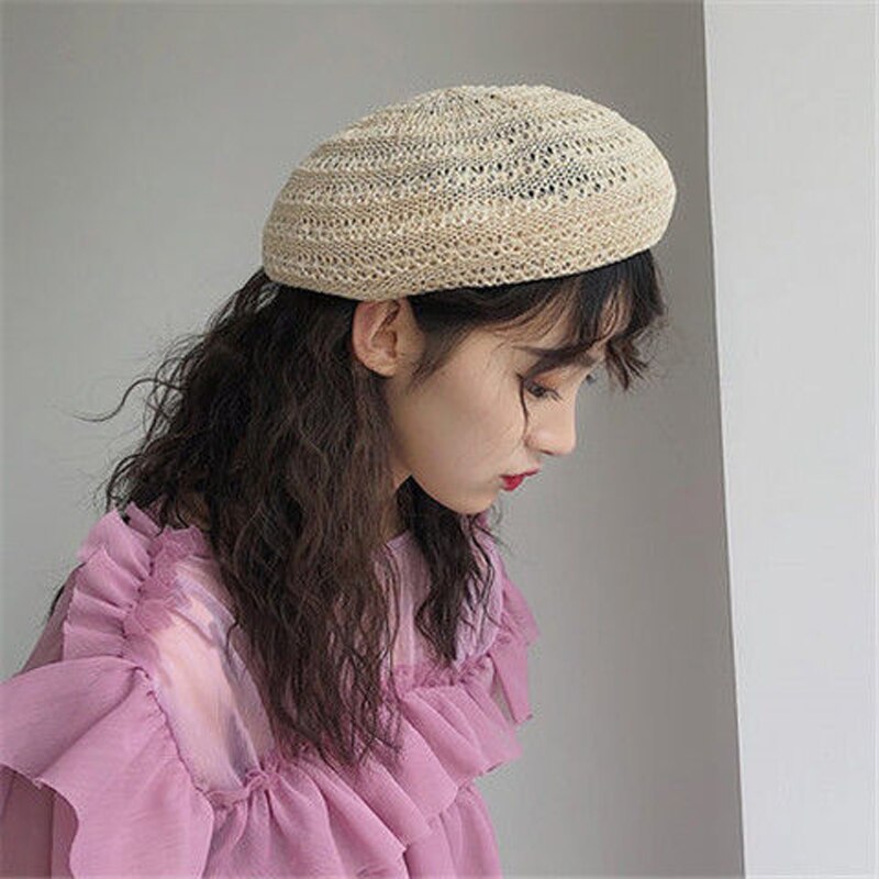 Foux Baret Stro Vrouwen Zomer Mesh Ademende Hoed Gebreide Koreaanse Stijl Franse Baret Dames Vrouwelijke Verstelbare Touw: Beige