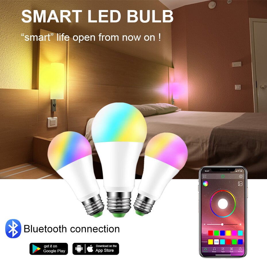 Bluetooth LED Lamp E27 B22 RGB Smart Lamp 15W RGBW RGBWW Dimbare Led Licht 20 Modi Muziek Voice Control toepassen op IOS/Android