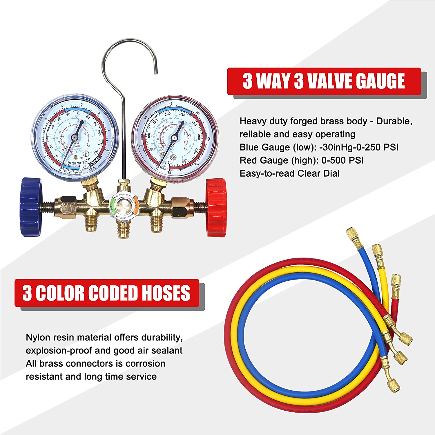 R134A Refrigerant Manifold Gauge Set, A/C Air Conditioning Tools ith Hose and Hook for R12 R22 R-404A R-134a Manifold Gauge Air