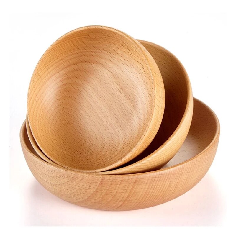 Round Wooden Salad Soup Dining Bowls Plates Storage Home Kitchen Bowl