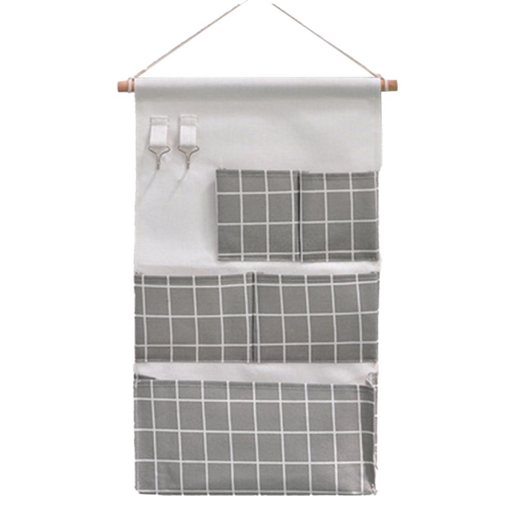 5 Pockets Cotton Linen Fabric Wall Door Hanging Bag Organizer Storage Pouches Wardrobe Closet Storage Bag Sundries Pouches: Gray grid