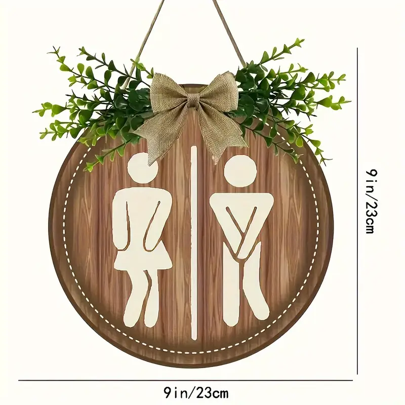 Letrero de madera con corona rústica para decoración de pared, tablero redondo, letreros para puerta de lavandería, letrero colgante para baño, decoración de baño Unisex