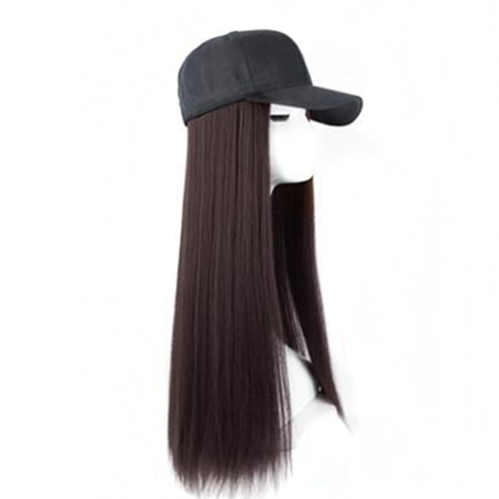 Long Straight Black Hat Baseball Cap with Hair Extension Brown Wig Hairpieces Synthetic Hair Pieces: Dark Brown