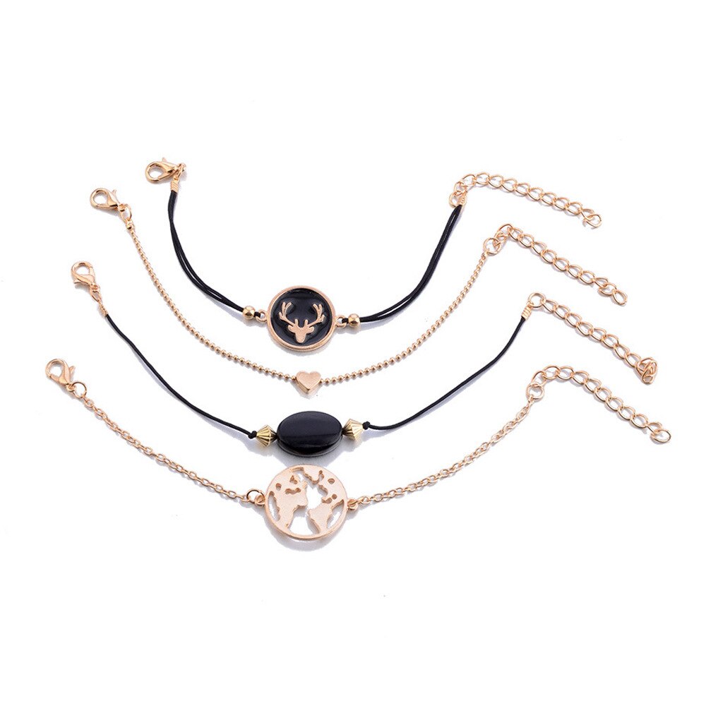 Conjunto de 4 pulseras esmaltadas con cabeza de ciervo para mujer, set de PULSERAS CON ABALORIOS de cabeza de ciervo, cadena de cadena con mapa de piedra negra, de joyería